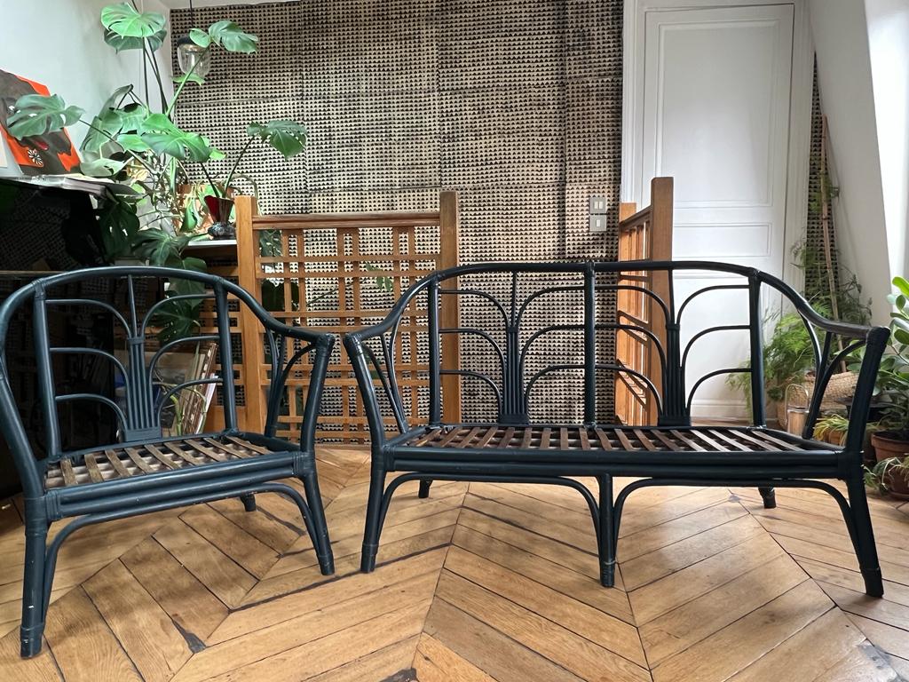 Banquette 2 places + fauteuil en osier – Image 4