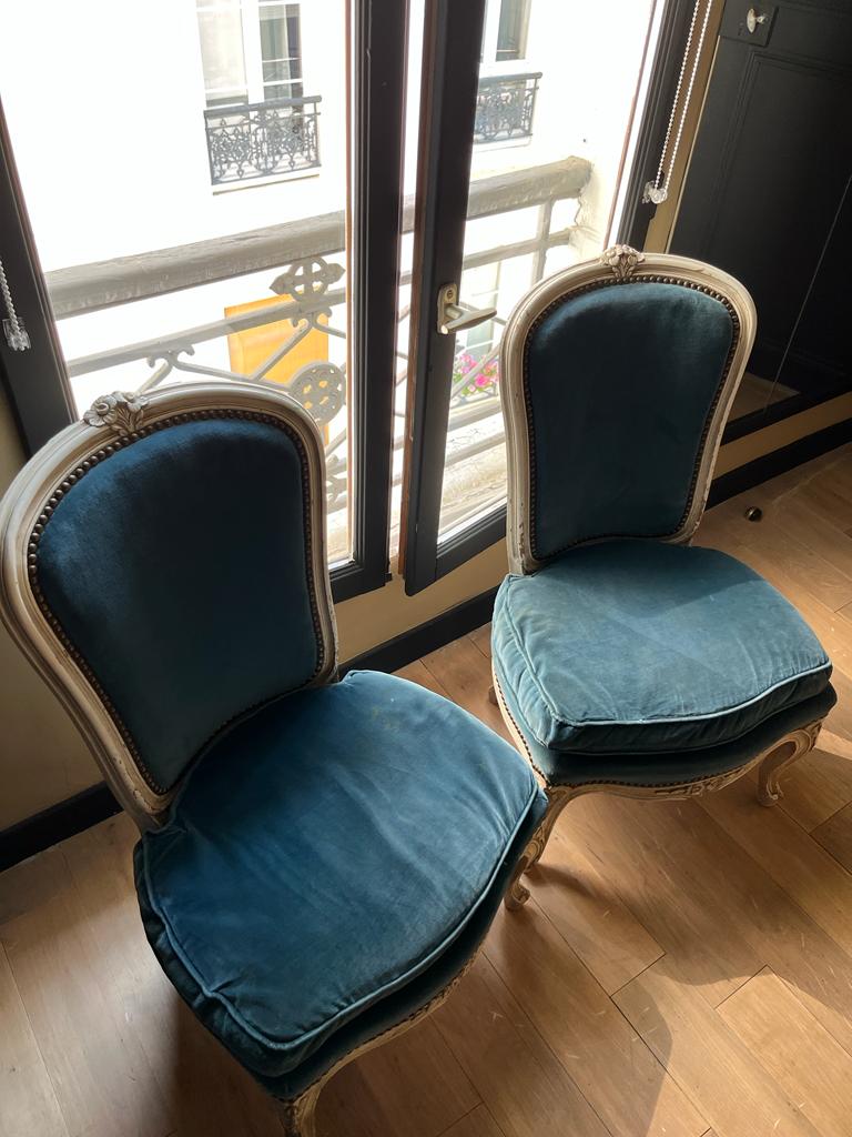 2 chauffeuses velours bleu style Louis XV – Image 3