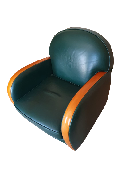 Paire de Fauteuil Anglais cuir vert et bois