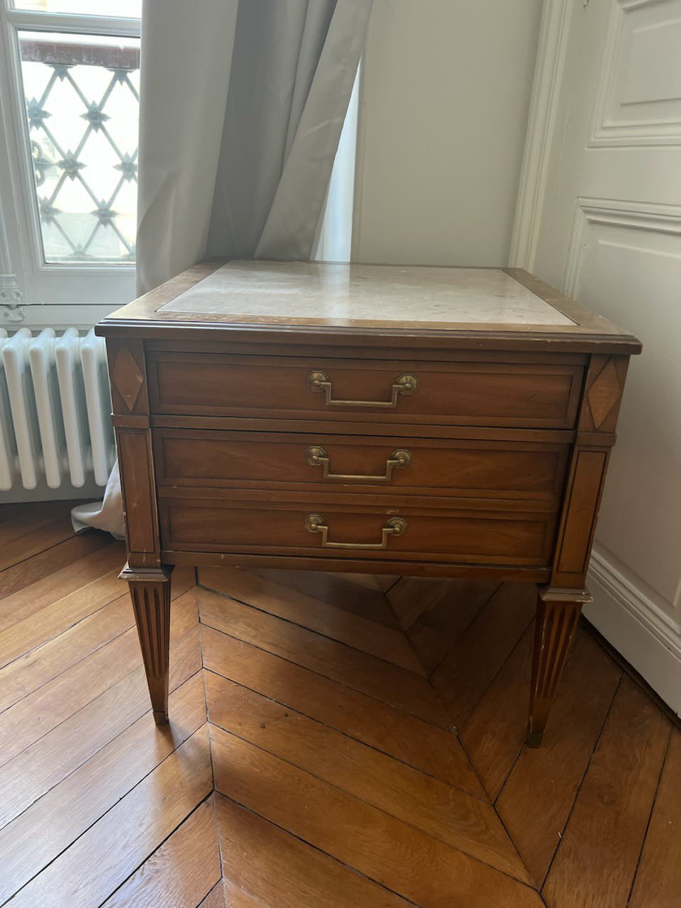 Petite commode/bout de canapé ancienne bois et marbre – Image 2