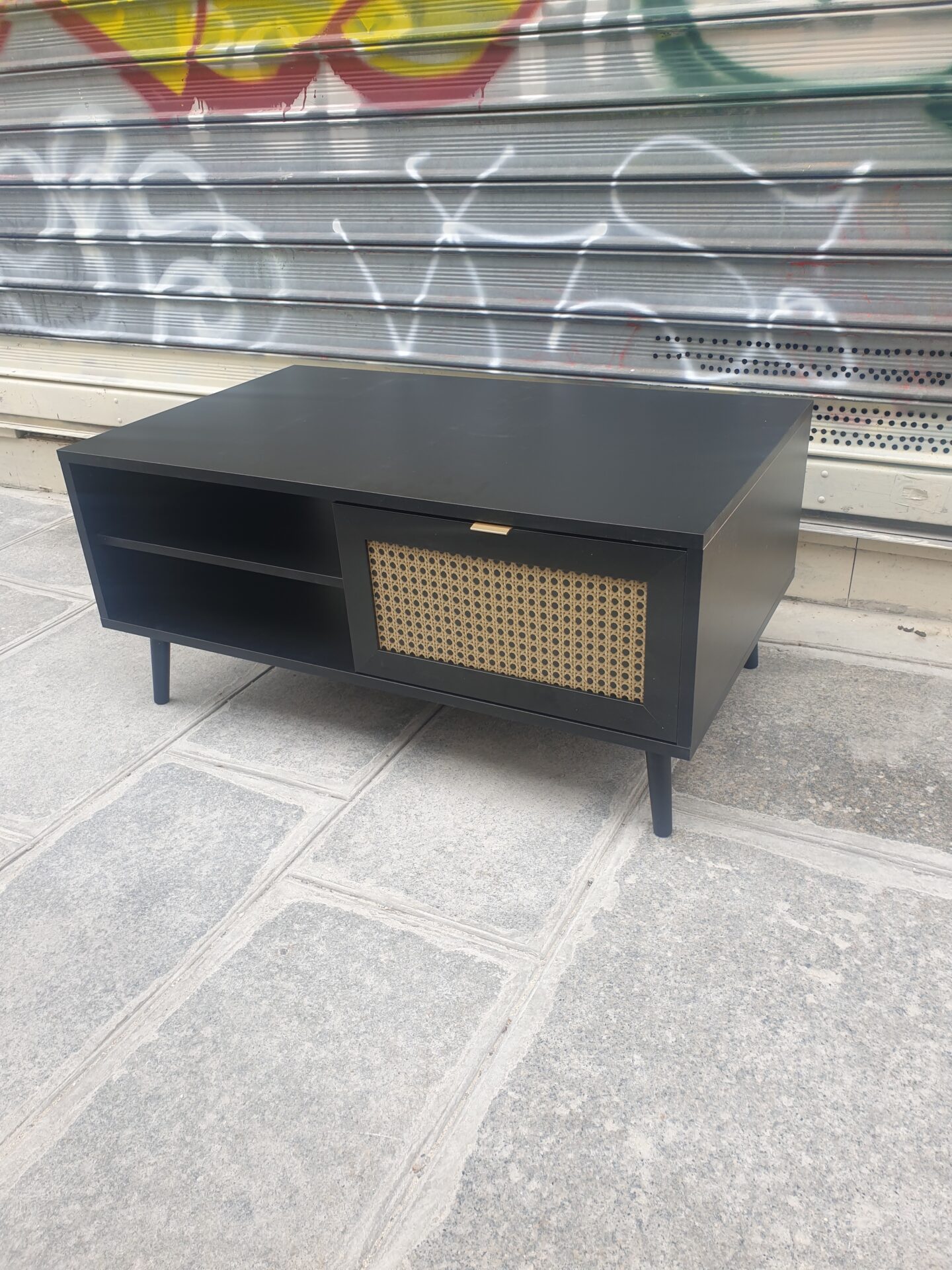 Meuble TV pieds compas et motif rotin – Image 2