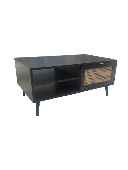 Meuble TV pieds compas et motif rotin