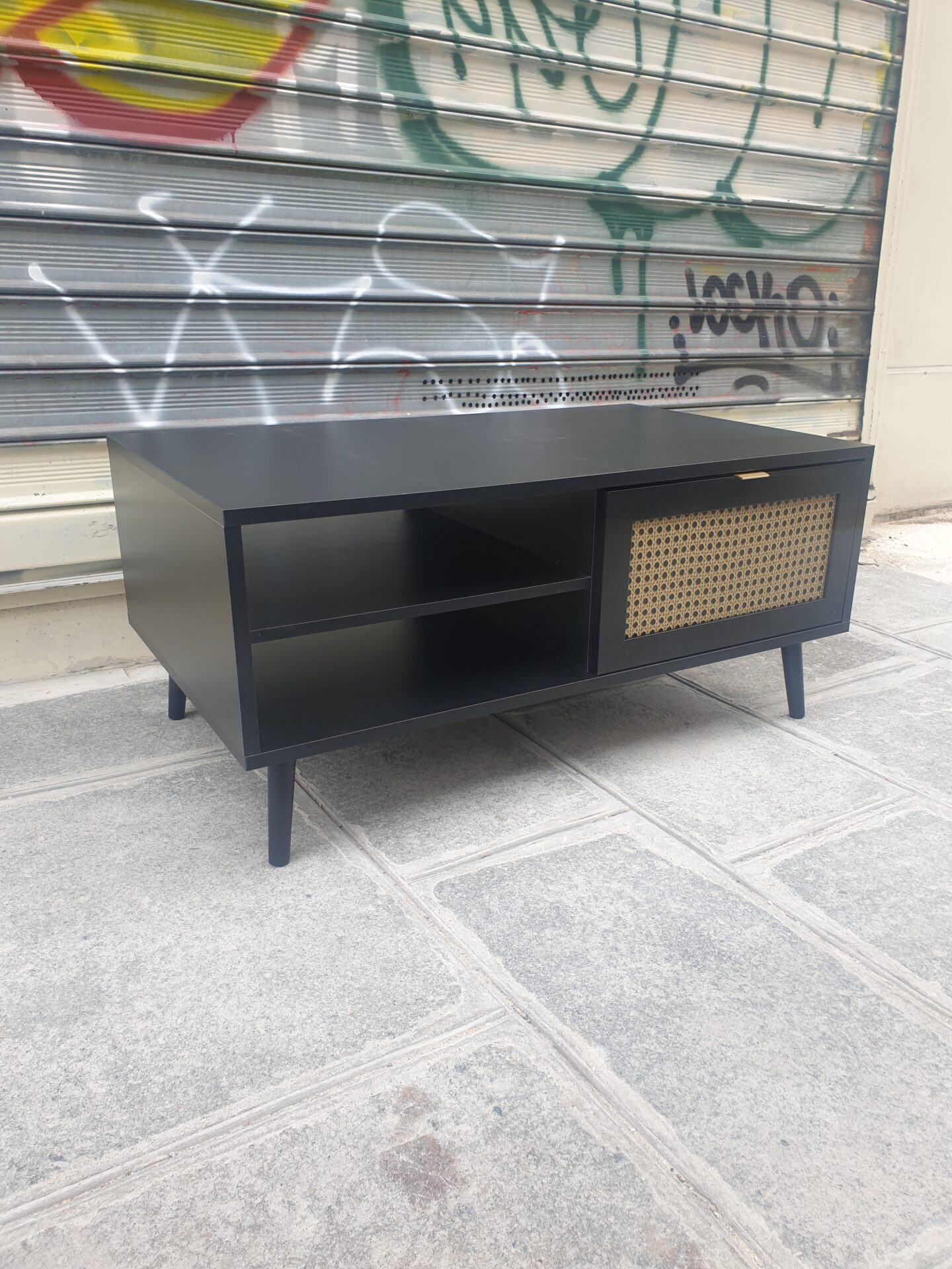 Meuble TV pieds compas et motif rotin – Image 3
