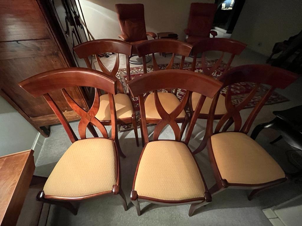 Lot de 6 chaises de anciennes en bois et assise tissu – Image 3