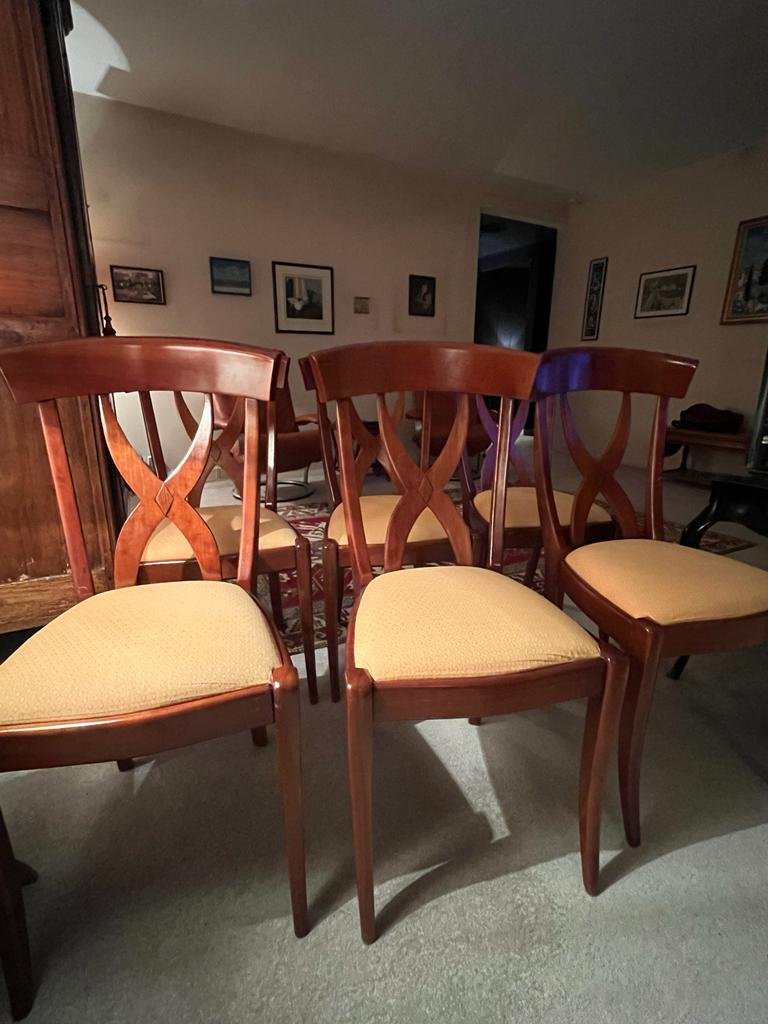 Lot de 6 chaises de anciennes en bois et assise tissu – Image 2