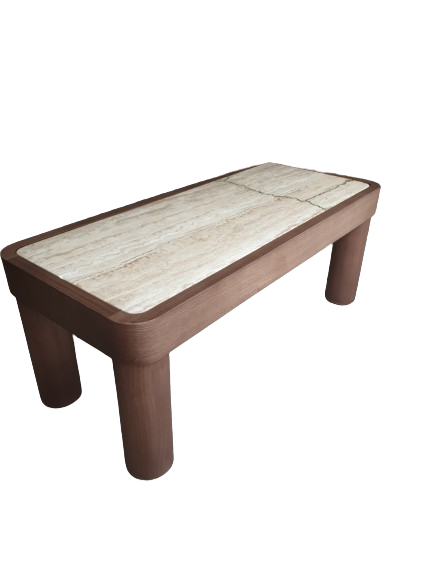 Table basse peau de noyer et Travertin "Kintsugi"