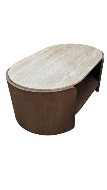 Table basse noyer et travertin "kintsugi" ELIPSE