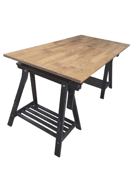 Bureau / table en chêne massif et tréteaux hauteur réglable