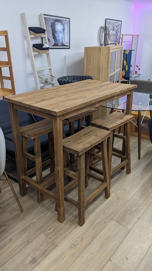 Table haute et 4 tabourets en bois recyclé - bois clair – Image 3