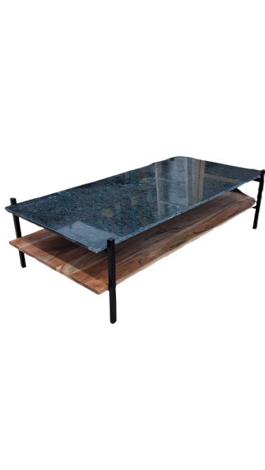 Table basse en acacia massif et marbre