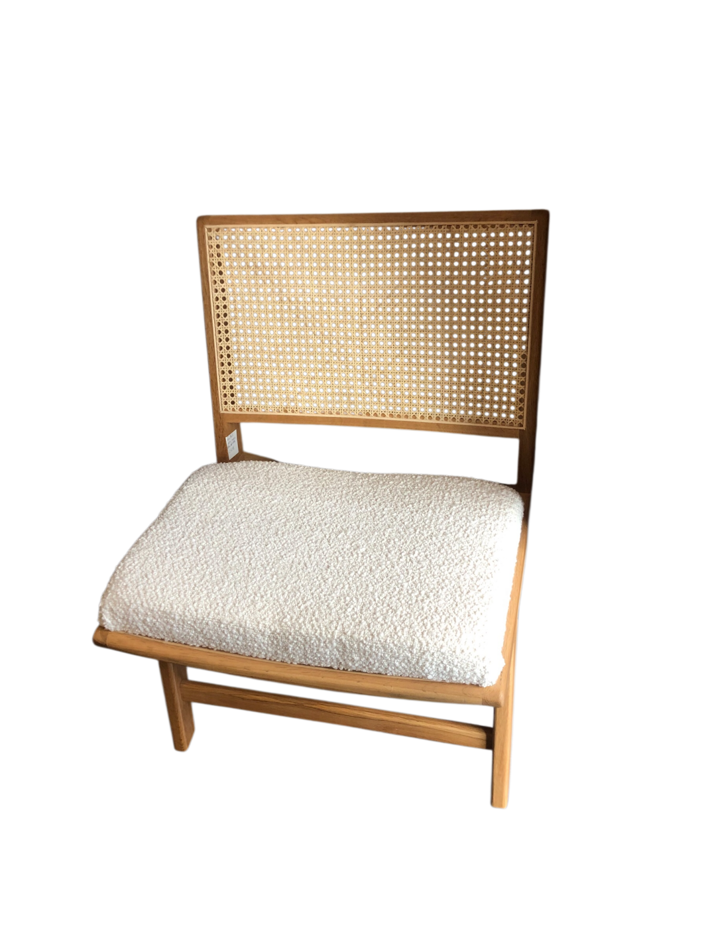 Fauteuil chene - cannage - tissu bouclette blanc