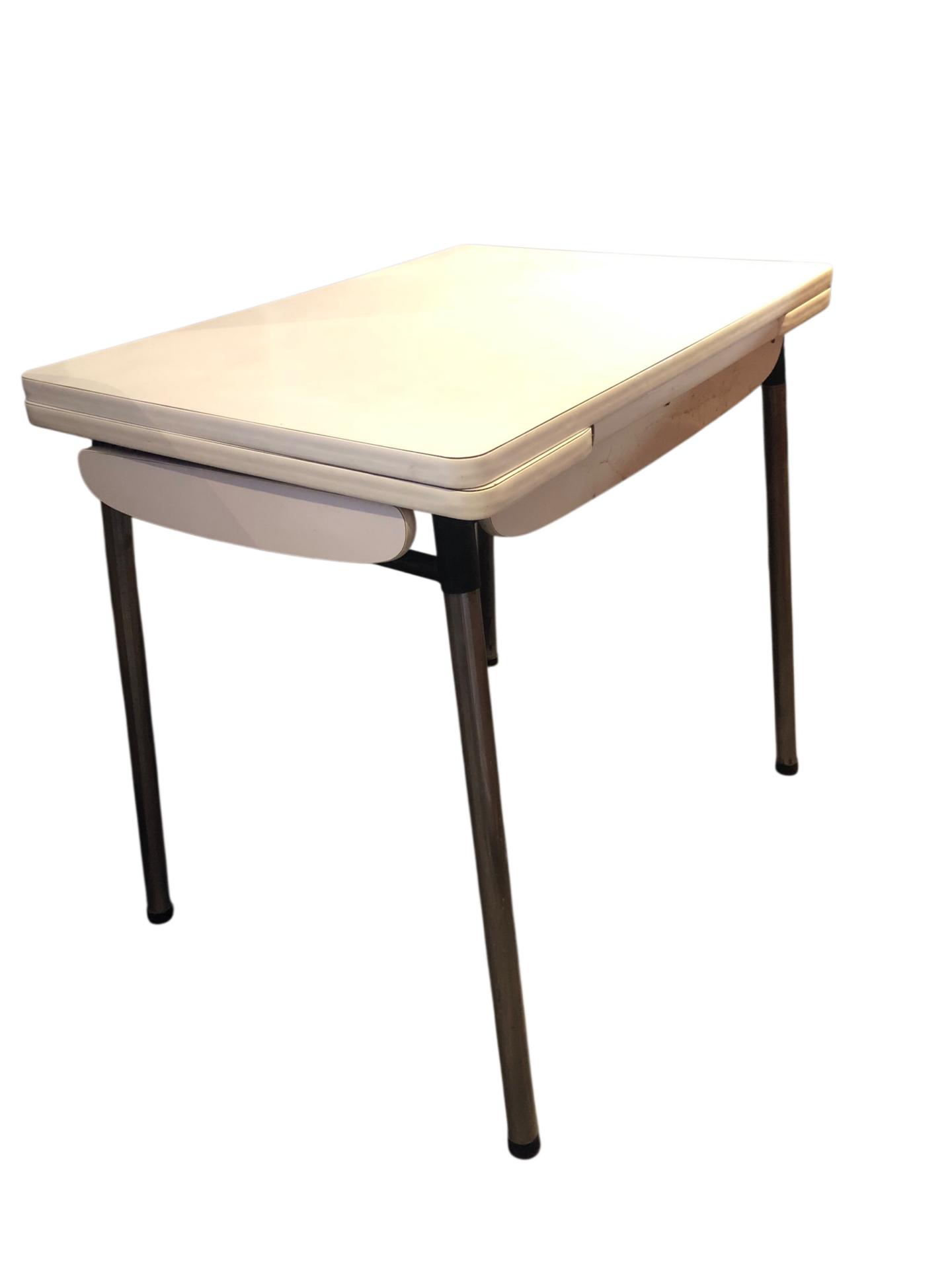 Table Formica blanche, 2 rallonges et 2 tiroirs 70’s