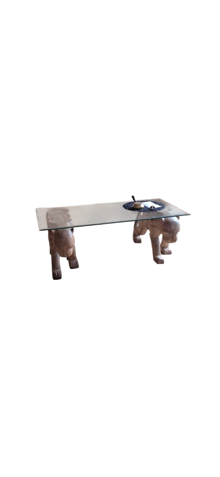 Table basse en verre, tenue par 2 tigres en bois